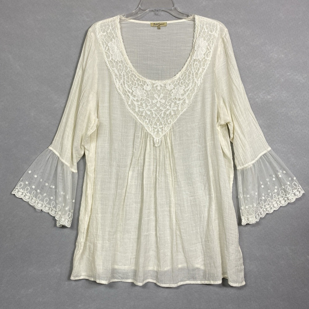 Oh Gussie! Women 3X Blouse Ivory Boho Cottagecore Flutter Sleeve Embroidered